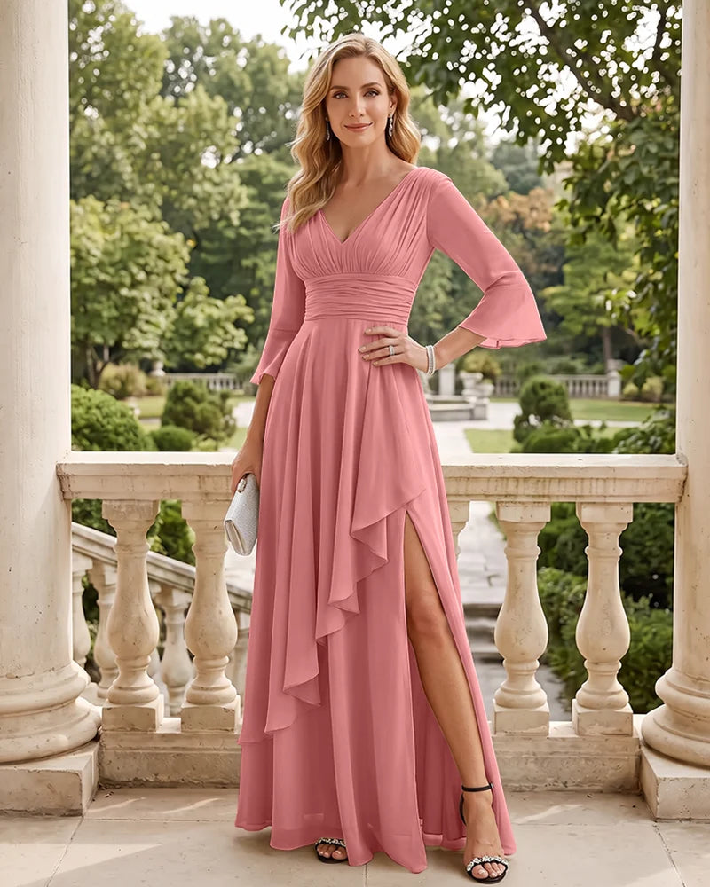 Elegant Ruched Mother of the Bride Dress with Flared Sleeves