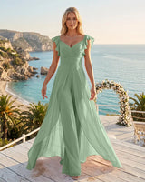 Chiffon V Neck Ruffle Sleeve Overlay Bridesmaid Jumpsuit