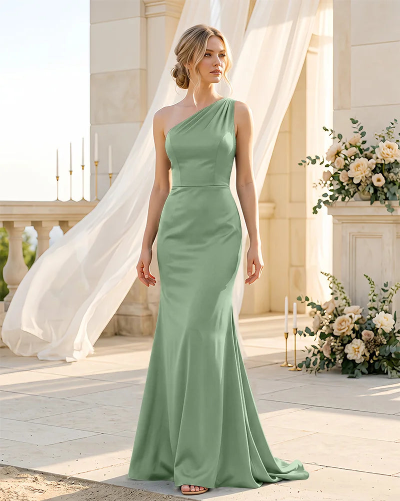 Satin One Shoulder Mermaid Bridesmaid Dress Cutout Back