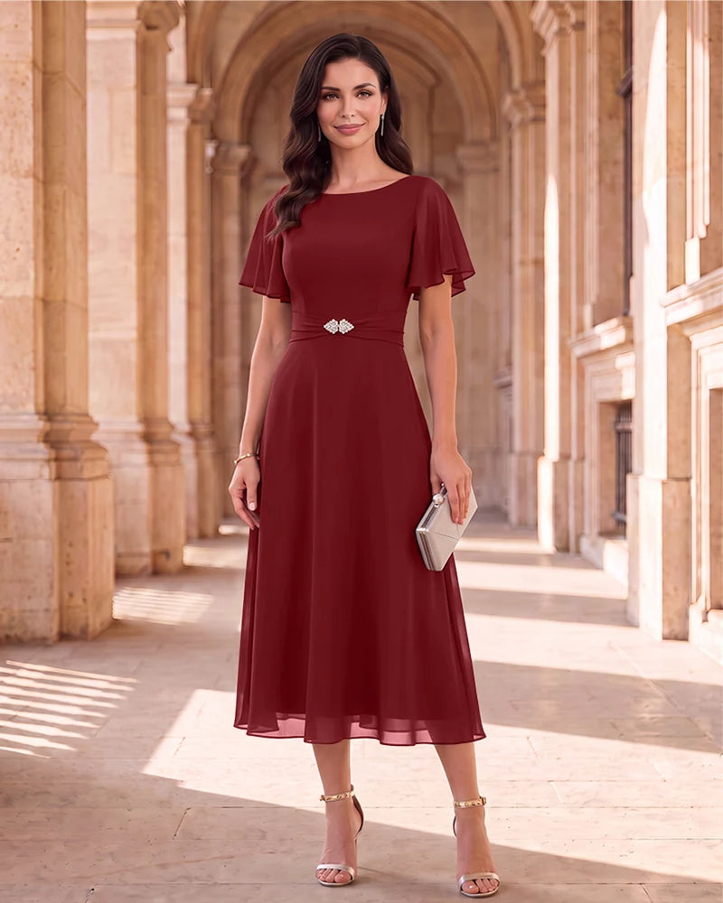 Boat Neck Flutter Sleeve Chiffon Midi Mother of the Bride Dress