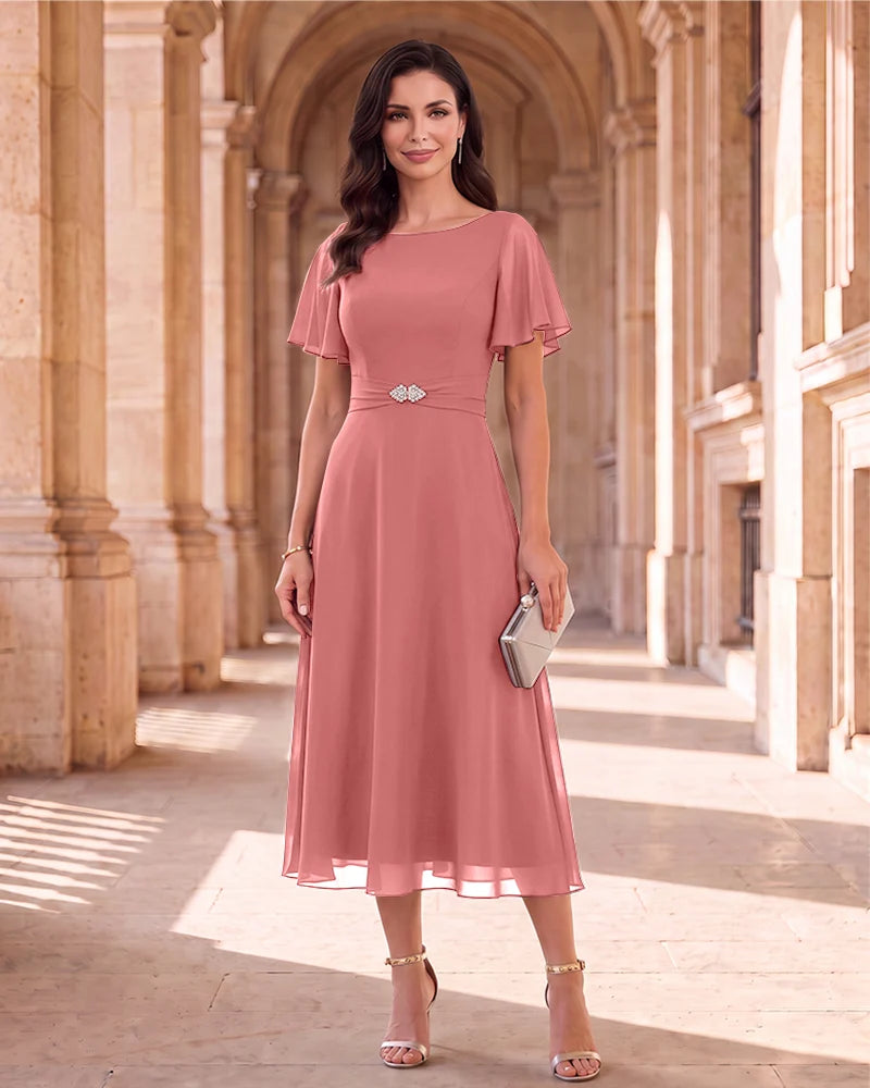 Boat Neck Flutter Sleeve Chiffon Midi Mother of the Bride Dress