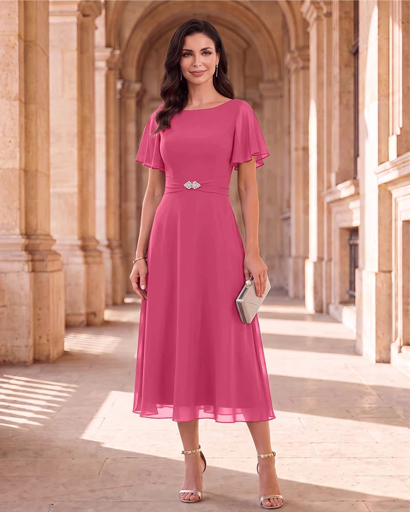Boat Neck Flutter Sleeve Chiffon Midi Mother of the Bride Dress