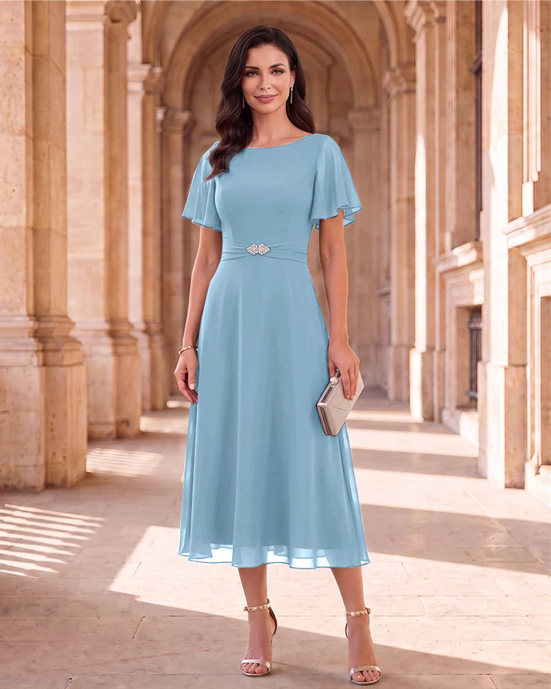Boat Neck Flutter Sleeve Chiffon Midi Mother of the Bride Dress
