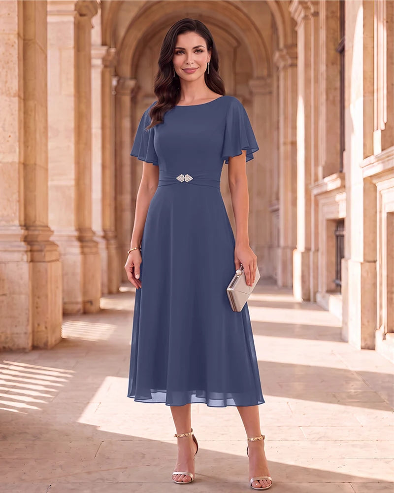 Boat Neck Flutter Sleeve Chiffon Midi Mother of the Bride Dress