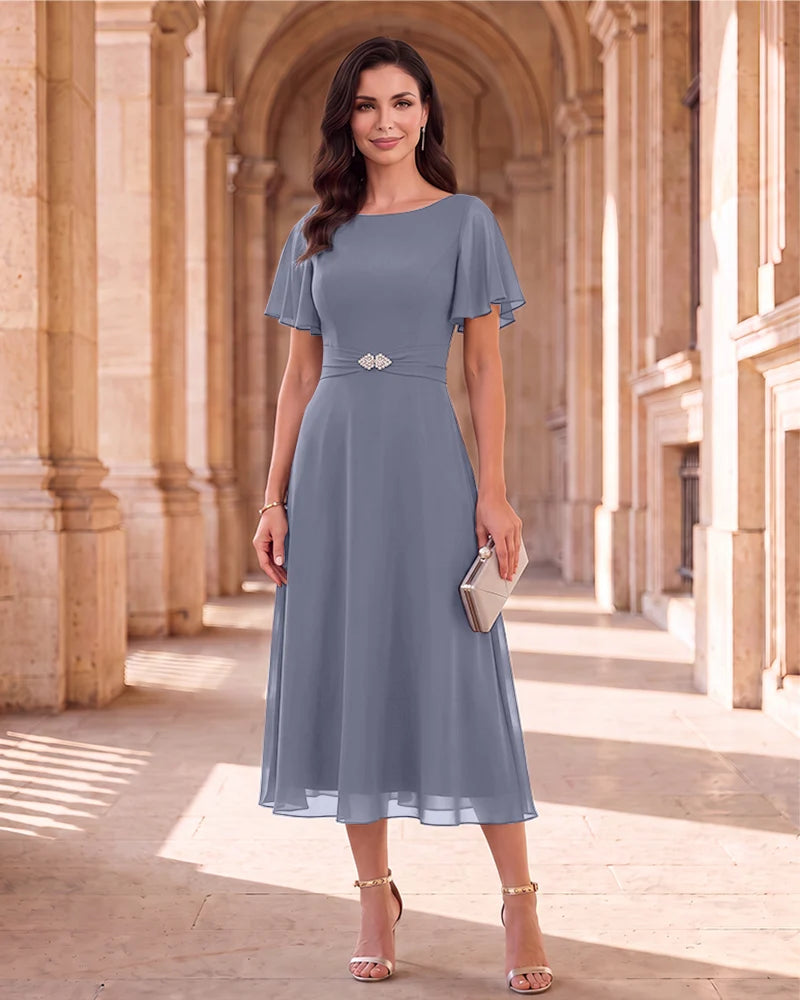 Boat Neck Flutter Sleeve Chiffon Midi Mother of the Bride Dress