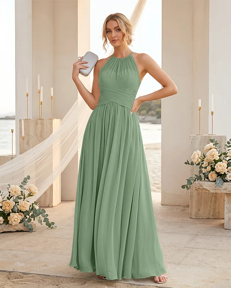 Chiffon Halter Pleated Keyhole Back Bridesmaid Dress