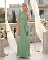 Chiffon One Shoulder Ruffle Sleeve A Line Bridesmaid Dress