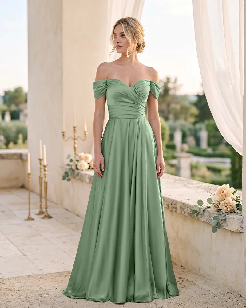 Off The Shoulder Satin Bridesmaid Dress With Ruched