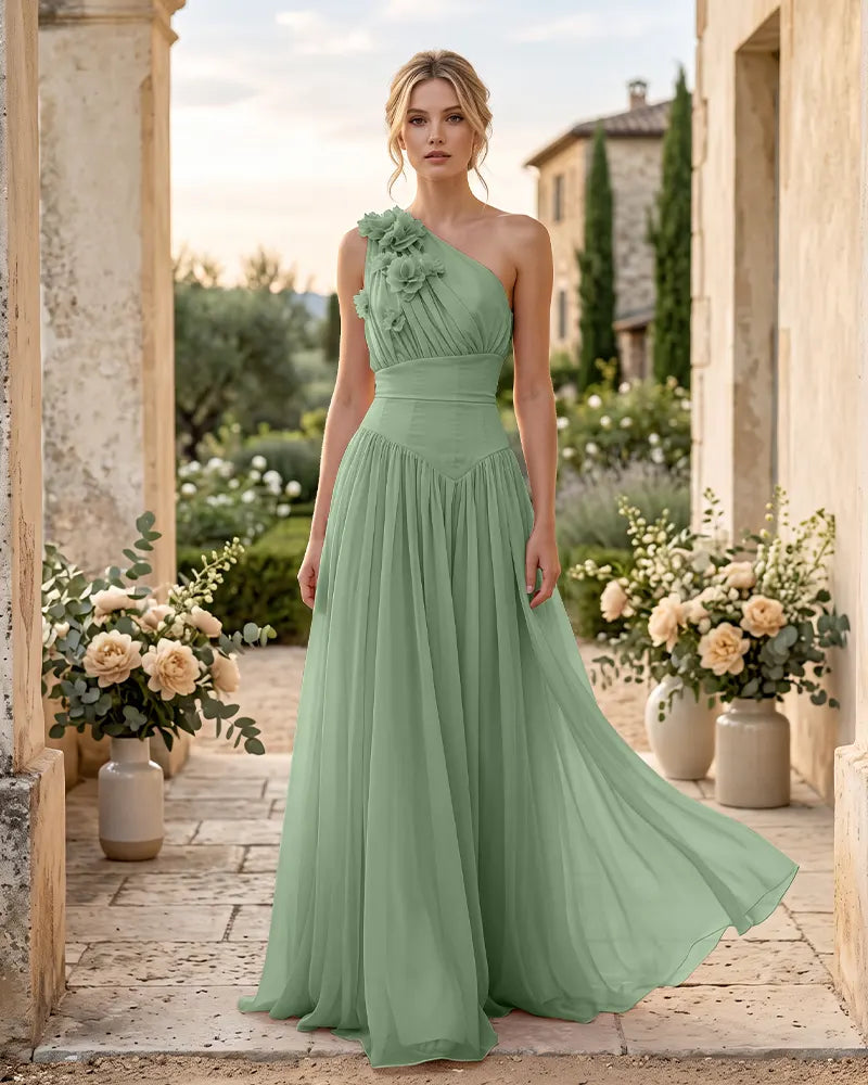 One Shoulder Chiffon Bridesmaid Dress With 3D Floral