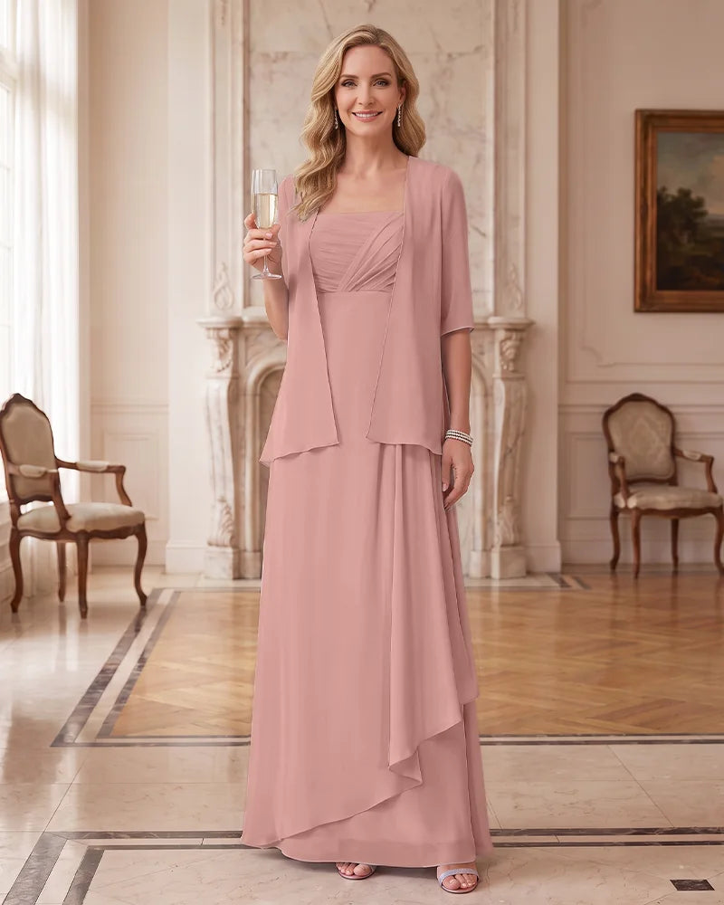 Mother of Bride Two Piece Outfit Chiffon Maxi Dress and Sheer Jacket