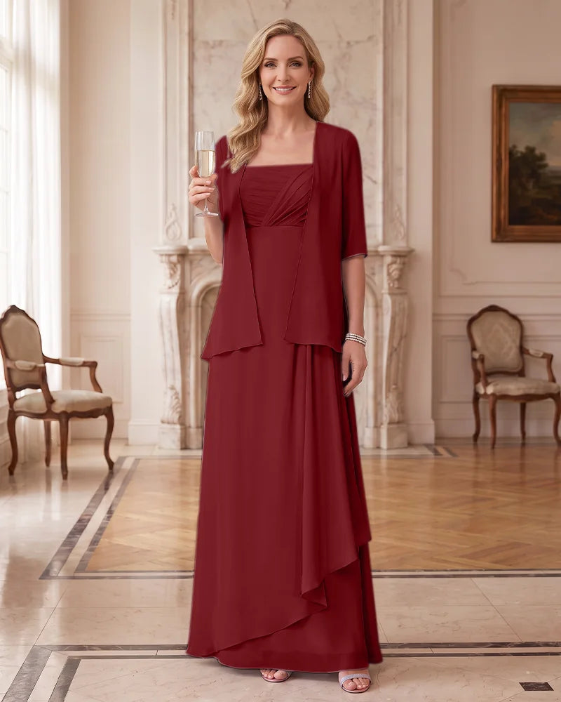 Mother of Bride Two Piece Outfit Chiffon Maxi Dress and Sheer Jacket