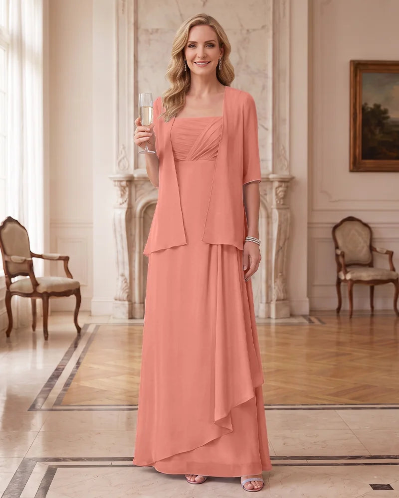 Mother of Bride Two Piece Outfit Chiffon Maxi Dress and Sheer Jacket