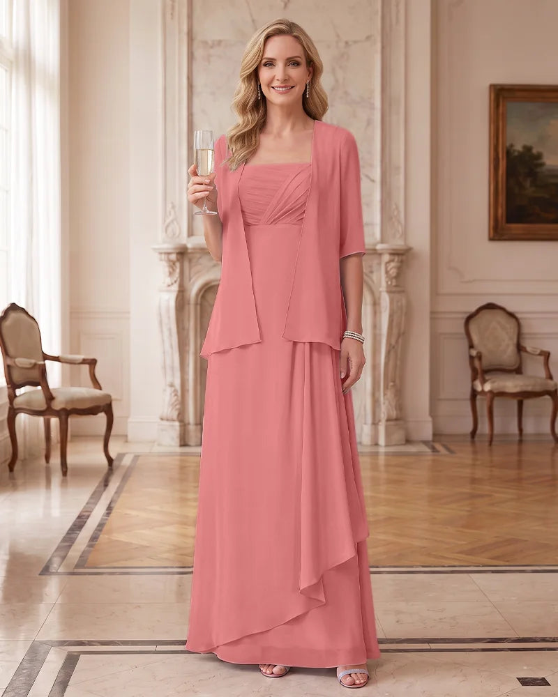 Mother of Bride Two Piece Outfit Chiffon Maxi Dress and Sheer Jacket
