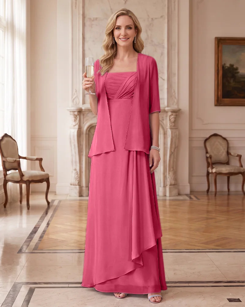 Mother of Bride Two Piece Outfit Chiffon Maxi Dress and Sheer Jacket