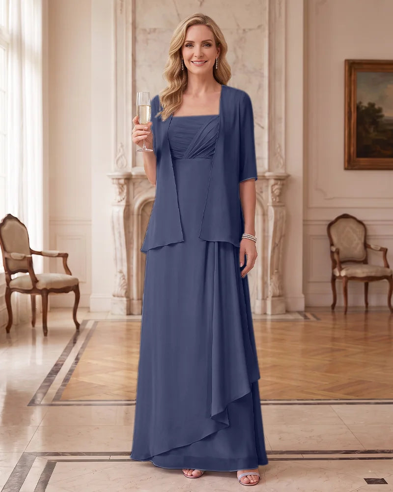 Mother of Bride Two Piece Outfit Chiffon Maxi Dress and Sheer Jacket