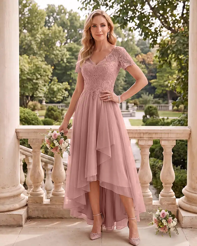 Short Sleeve V Neck High Low Tulle Wedding Guest Lace Dress