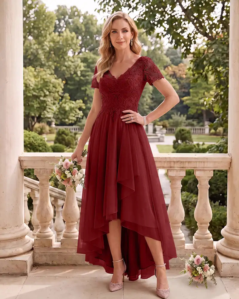 Short Sleeve V Neck High Low Tulle Wedding Guest Lace Dress