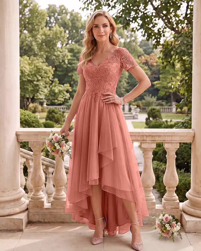 Short Sleeve V Neck High Low Tulle Wedding Guest Lace Dress