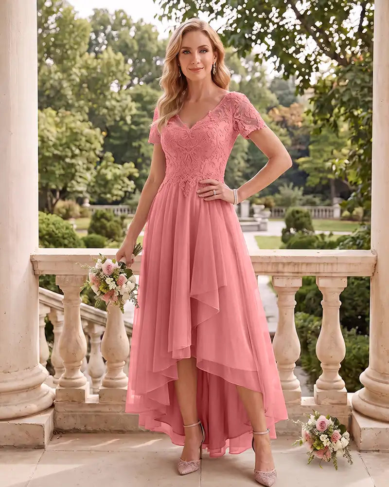 Short Sleeve V Neck High Low Tulle Wedding Guest Lace Dress
