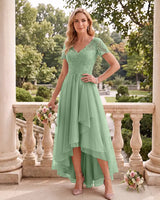 Short Sleeve V Neck High Low Tulle Wedding Guest Lace Dress
