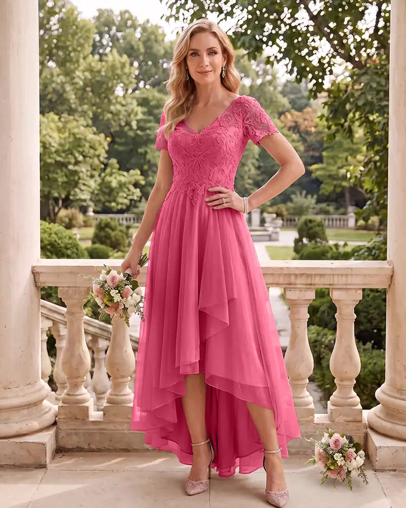 Short Sleeve V Neck High Low Tulle Wedding Guest Lace Dress