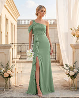 One Shoulder Sequin Bodice Ruffle Bridesmaid Dress