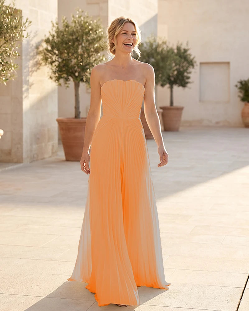 Strapless-Pleated-Maxi-Bridesmaid-Dress-with-Corset-Back-Orange-1