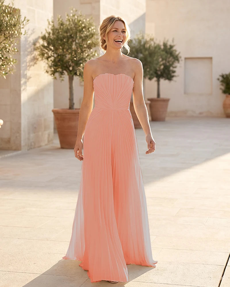 Strapless-Pleated-Maxi-Bridesmaid-Dress-with-Corset-Back-Sunset-1