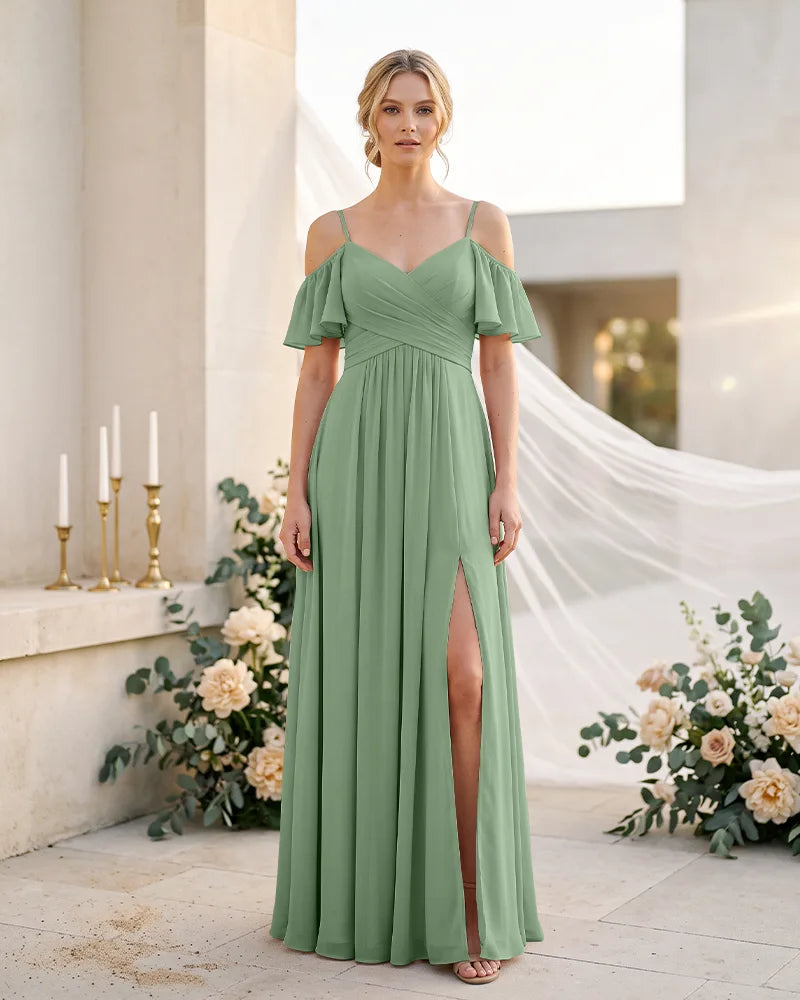 Solid Off Shoulder Chiffon A-line Slit Bridesmaid Dress