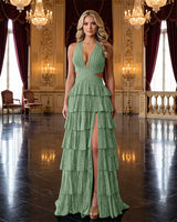 V-neck Rhinestone Tiered Cutout Evening Dress,Formal Gown