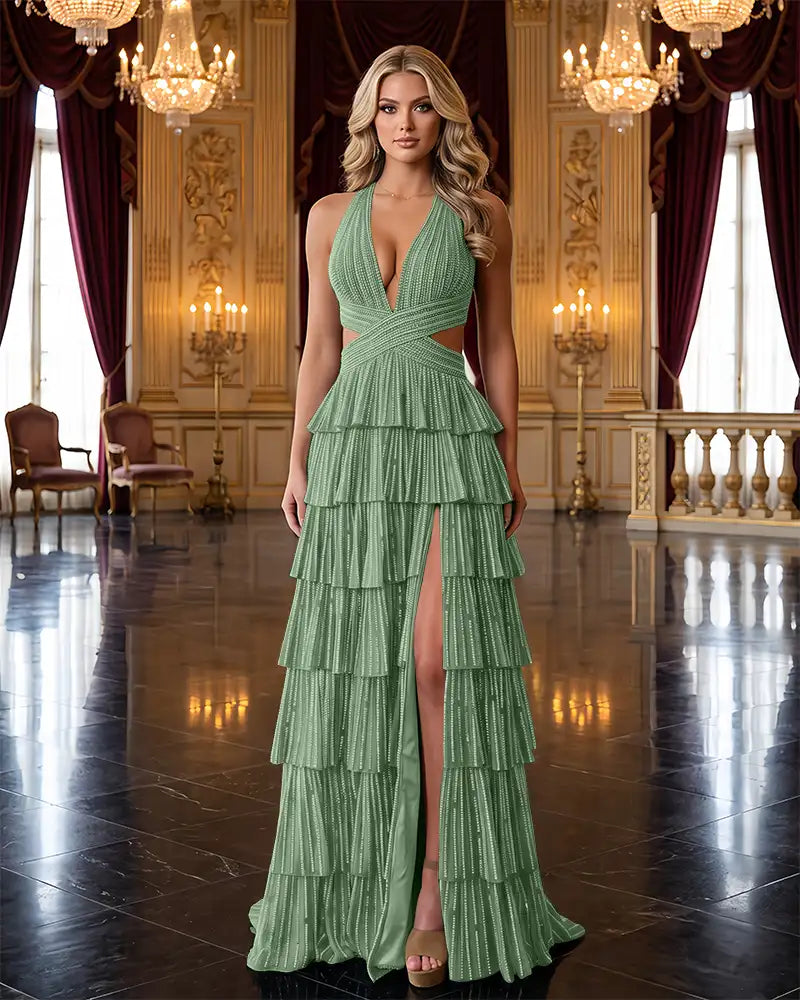 V-neck Rhinestone Tiered Cutout Evening Dress,Formal Gown