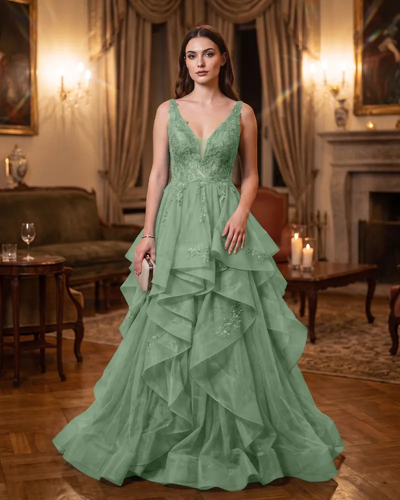 V Neck Tulle Lace Sequin Tiered Ruffle Evening Gown