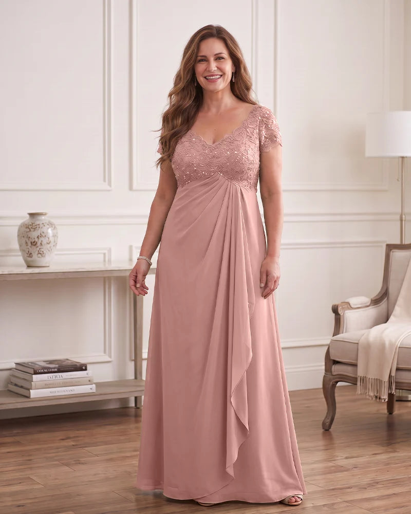 Empire Waist Draped Chiffon Gown with Sequin Lace Bodice