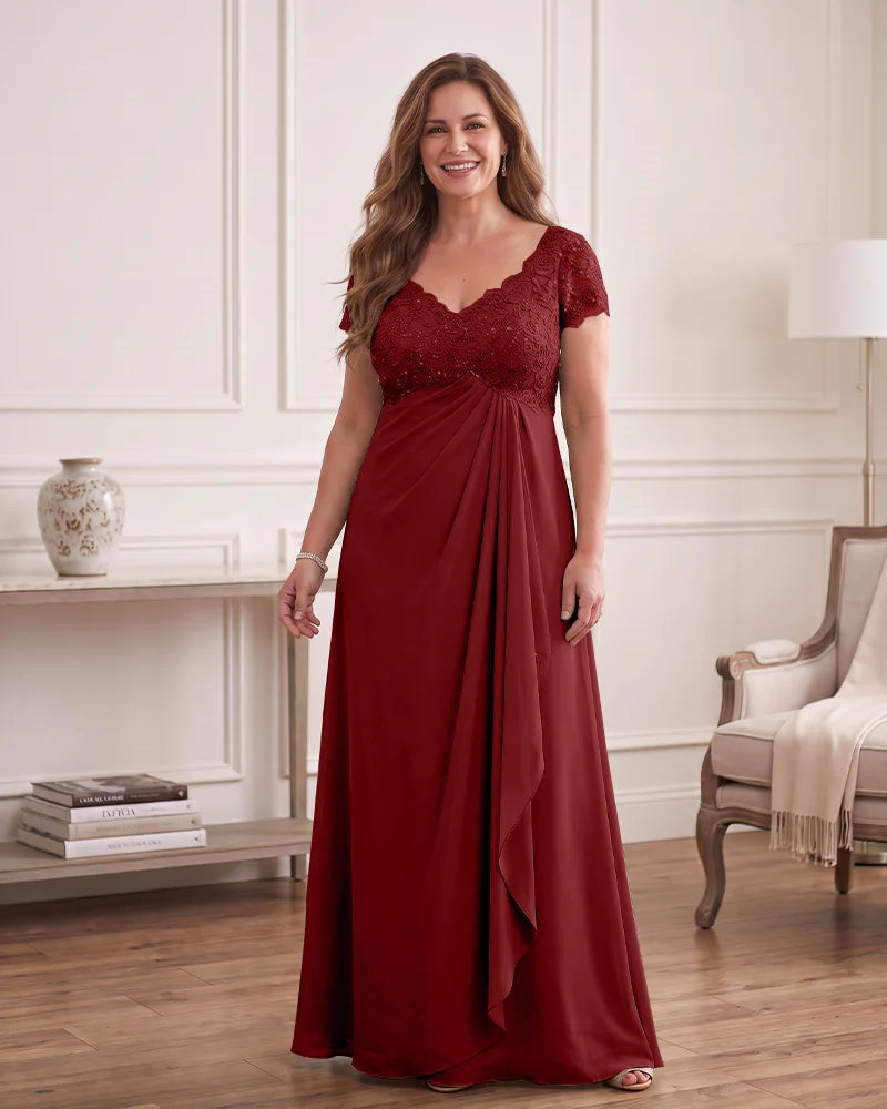 Empire Waist Draped Chiffon Gown with Sequin Lace Bodice