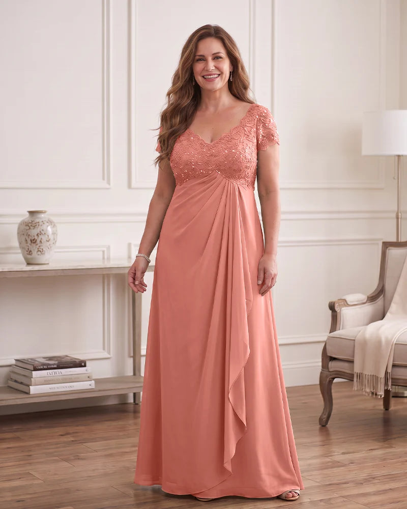 Empire Waist Draped Chiffon Gown with Sequin Lace Bodice