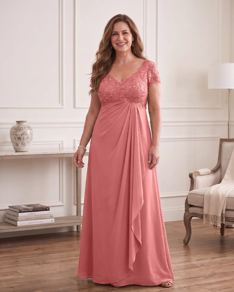 Empire Waist Draped Chiffon Gown with Sequin Lace Bodice