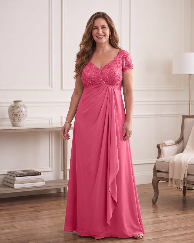 Empire Waist Draped Chiffon Gown with Sequin Lace Bodice