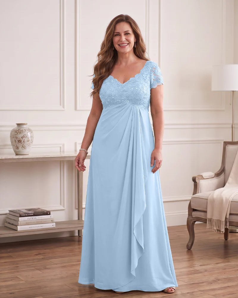 Empire Waist Draped Chiffon Gown with Sequin Lace Bodice