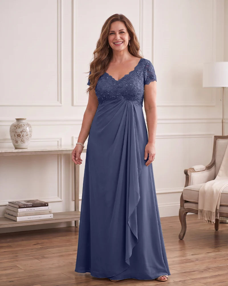 Empire Waist Draped Chiffon Gown with Sequin Lace Bodice
