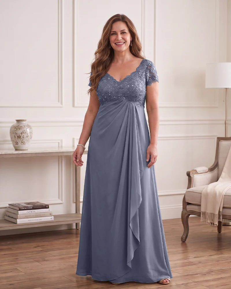 Empire Waist Draped Chiffon Gown with Sequin Lace Bodice