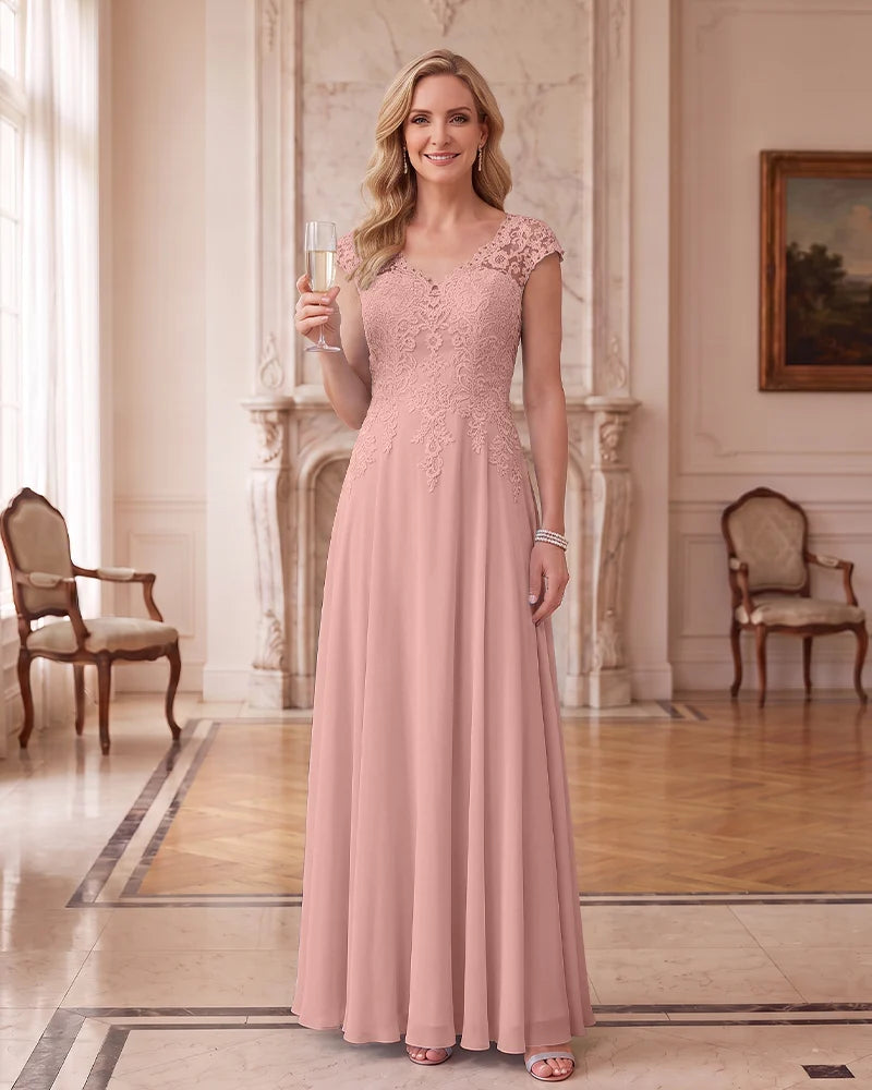 Lace Chiffon Long Formal Dress With Cap Sleeves