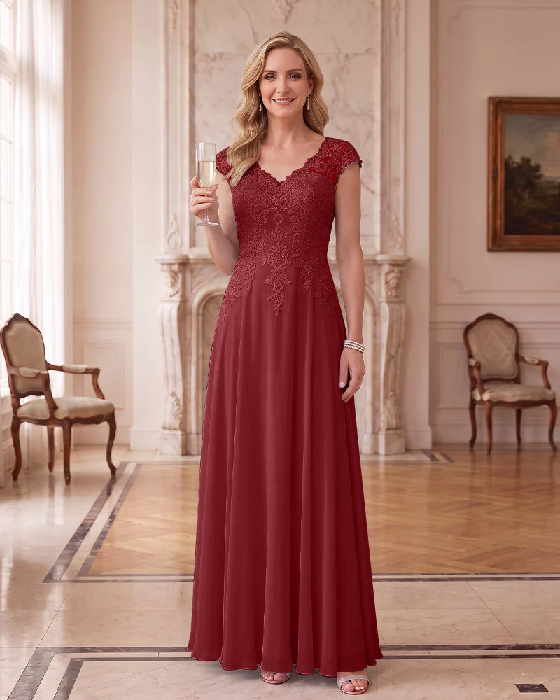 Lace Chiffon Long Formal Dress With Cap Sleeves