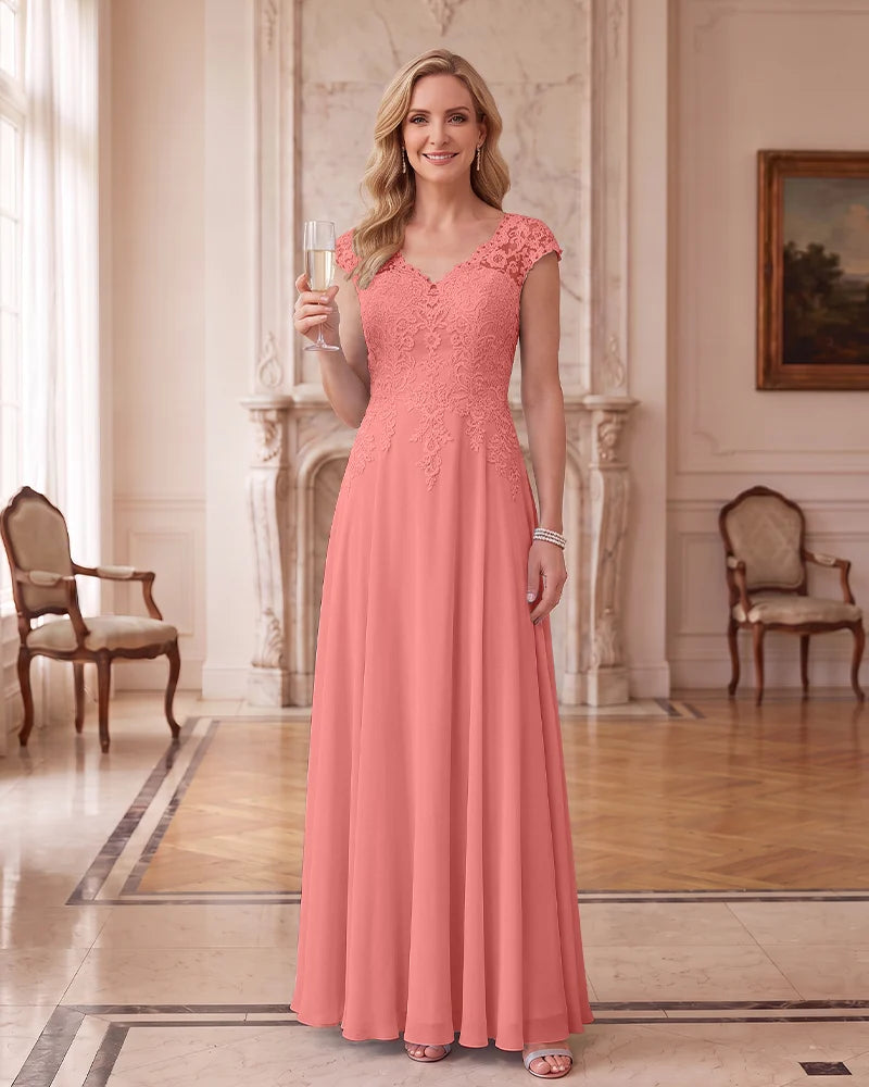 Lace Chiffon Long Formal Dress With Cap Sleeves