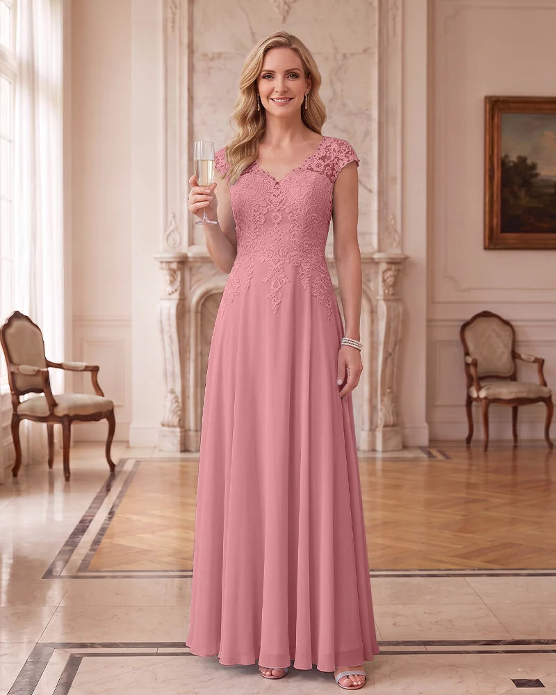 Lace Chiffon Long Formal Dress With Cap Sleeves