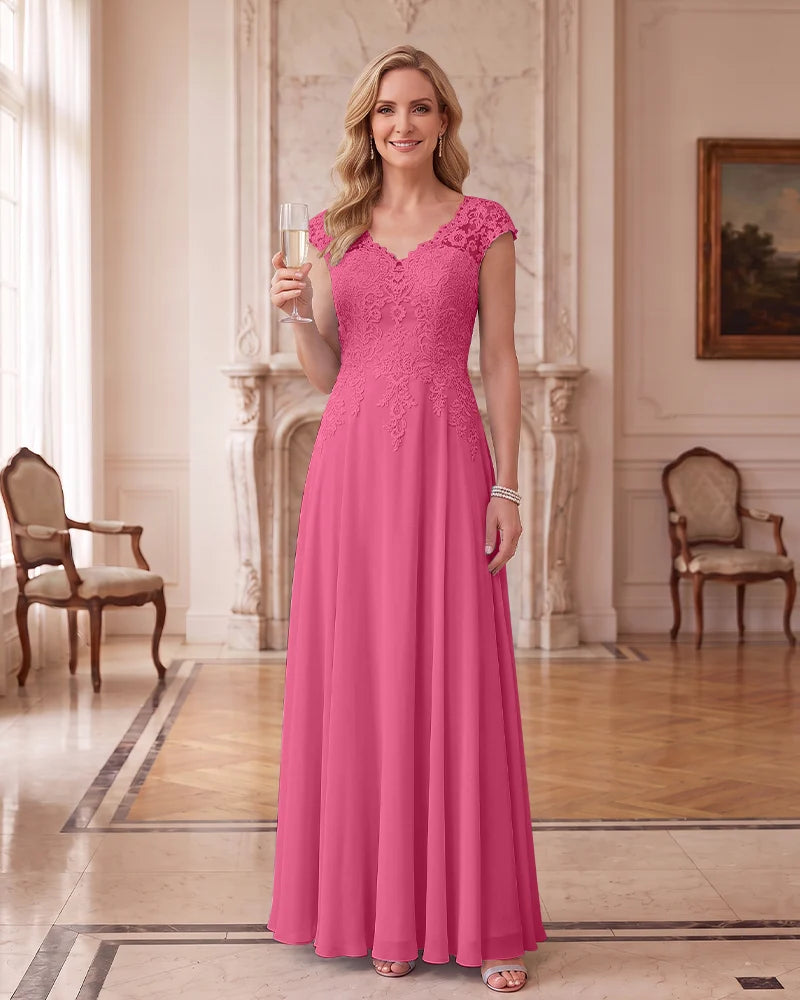 Lace Chiffon Long Formal Dress With Cap Sleeves