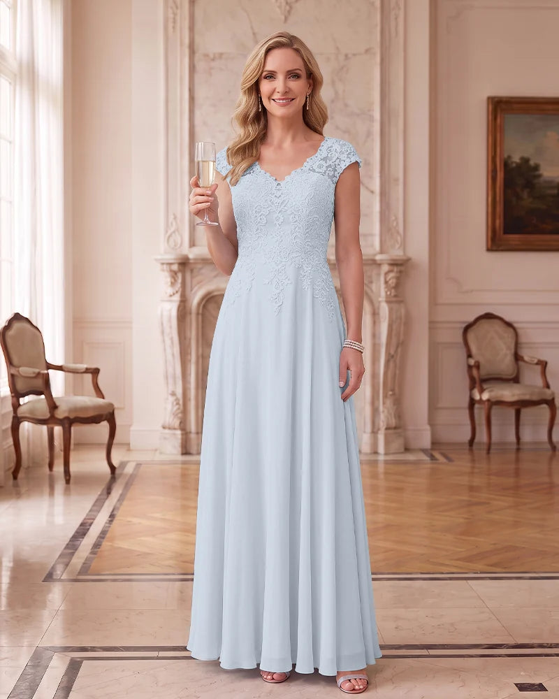 Lace Chiffon Long Formal Dress With Cap Sleeves