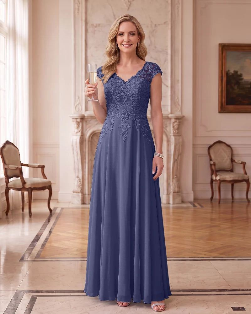Lace Chiffon Long Formal Dress With Cap Sleeves