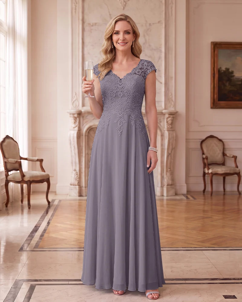 Lace Chiffon Long Formal Dress With Cap Sleeves