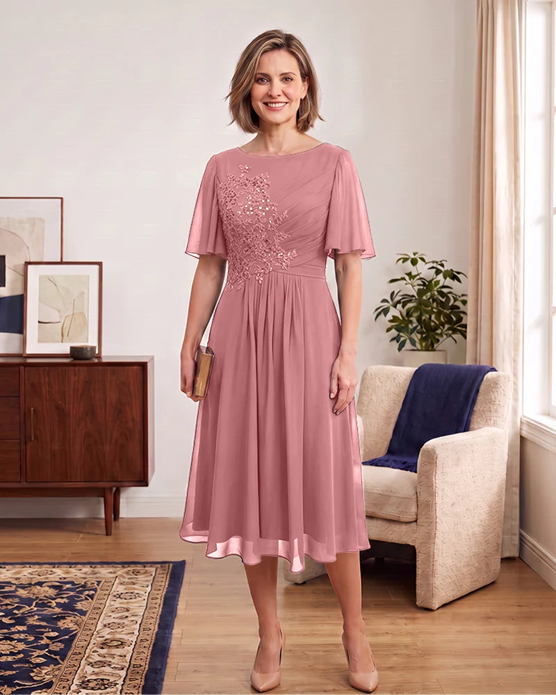 Elegant Lace Applique Mother of the Bride Knee Length Dress