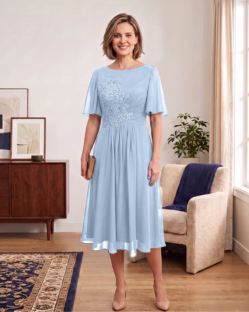 Elegant Lace Applique Mother of the Bride Knee Length Dress